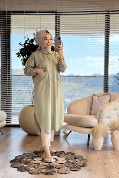 4383 Tencel Kendinden Cepli Uzun Tunik Çağla
