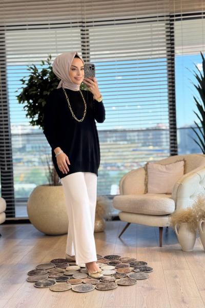 44016 Manşeti Çıtçıtlı Triko Tunik Siyah