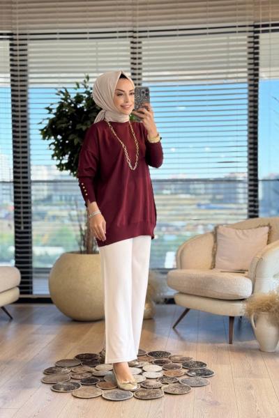 44016 Manşeti Çıtçıtlı Triko Tunik Bordo