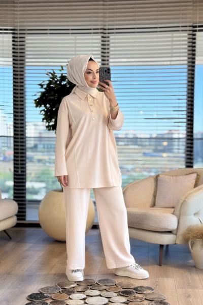 4415 Bebe Yaka Patı Metal Düğmeli Takım Krem