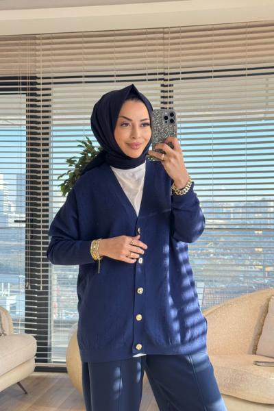 44195 Üstü Sim Dalga Desenli Hırka Lacivert