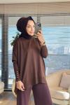 44197 Yan Ve Manşeti Düğmeli Triko Tunik Kahve