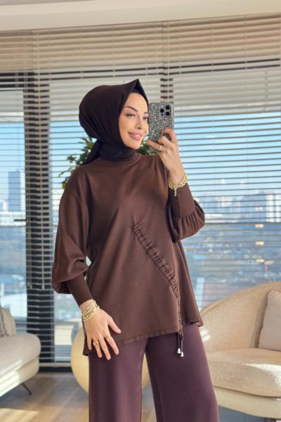 44199 Önü Büzgülü Triko Tunik Kahve
