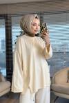 44214 Yanları Verev Parçalı Triko Tunik Ekru