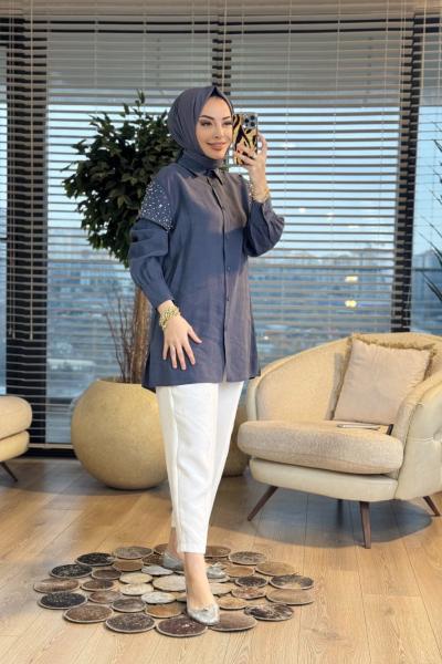 4442 Omuzları Taş ve Boncuk Detaylı Tunik Füme
