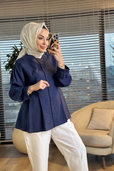 4474 Ön Dikiş Detaylı Yakasız Gömlek Lacivert