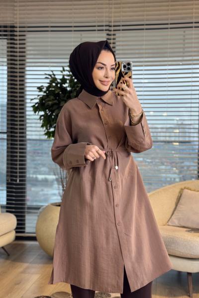 4476 Ön Düğmeli Klasik Uzun Gömlek Vizon