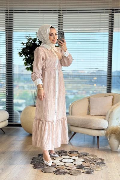4501 Boyuna Çizgili Elbise Bej