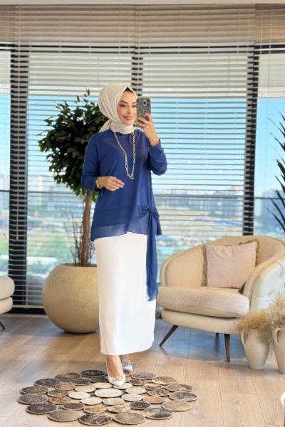 457 Alt Şifonlu Fiyonklu Tunik İndigo