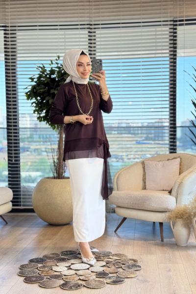 457 Alt Şifonlu Fiyonklu Tunik Kahve