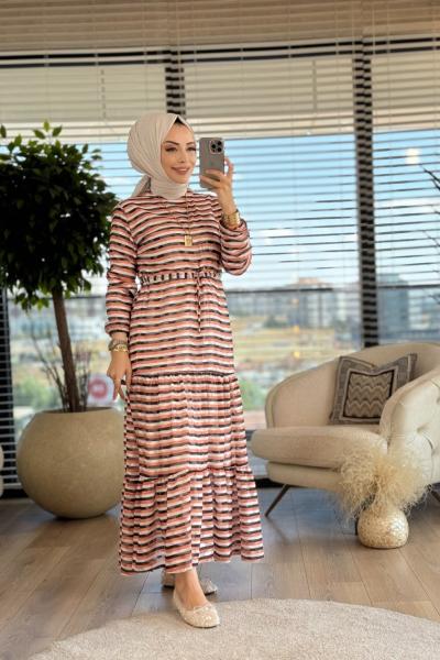 5005 Enine Çizgili Şifon Elbise Oranj