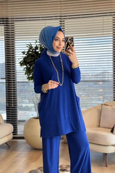 5015 Yanları Cepli Sandy Takım Saks