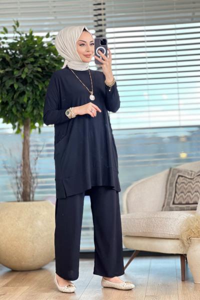 5015 Yanları Cepli Sandy Takım Siyah