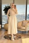 5036 Beli Lastikli Cepli Kırışık Etek Bej