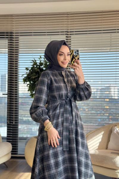 51272 Ekose Patı Düğmeli Elbise Siyah