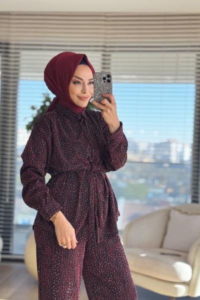 5249 Üstü Simli Taş Baskılı Takım Bordo