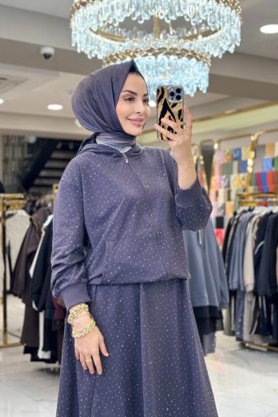 52826 Taş Baskılı Kapşonlu Fermuarlı Etekli Takım Antrasit