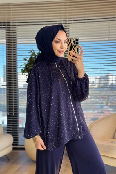 52838 Taş Baskılı Fermuarlı Pantolonlu Takım Lacivert