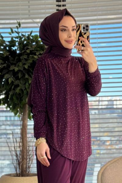 52839 Üst Taş Baskı Şalvar Pantolonlu Takım Vişne