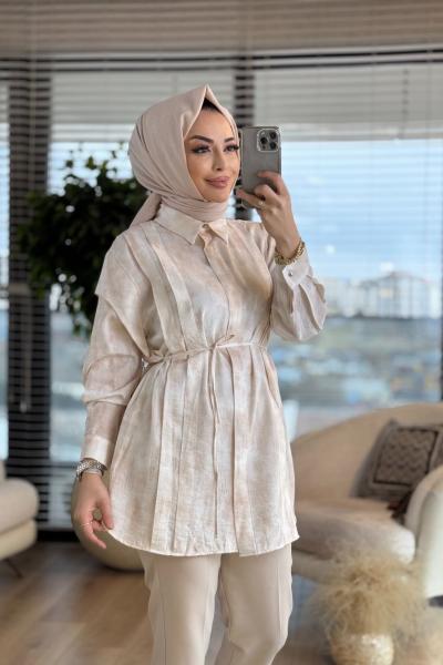 540 Batik Desen Ön Pileli Tunik Bej