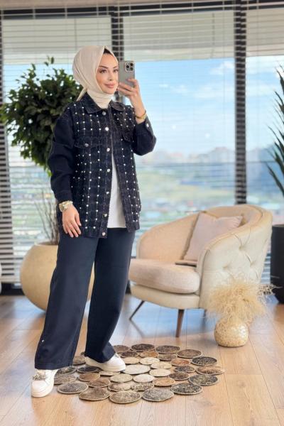 5446 Kare Saçak Üstü Taş İşlemeli Kot Ceket Siyah