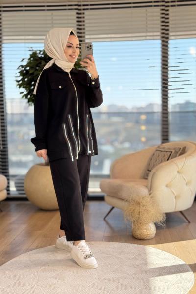 5467 Ön Ve Etek Ucu Fermuar Detaylı Takım Siyah
