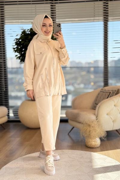 5467 Ön Ve Etek Ucu Fermuar Detaylı Takım Ekru