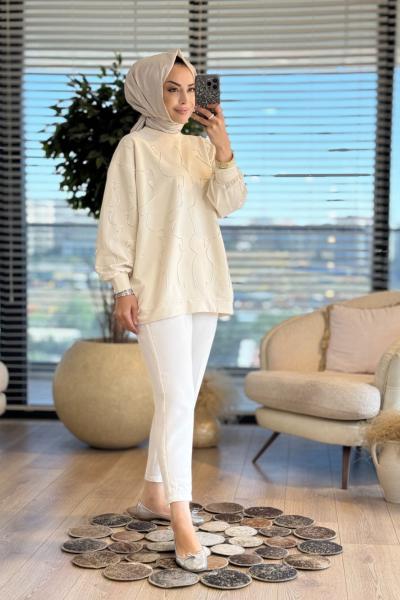 5521 Önü Kolu Çubuk Boncuk İşli Tunik Ekru
