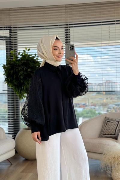 5553 Kolları Şifon Tül Detaylı Bluz Siyah