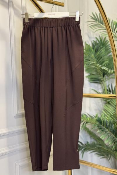 5596 Keten Dikiş Detaylı Parçalı Pantolon Kahve