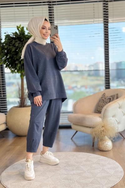 5622 Üst Ve Pantolon Serpme Taş Baskılı Takımı Antrasit