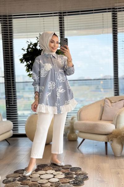 5659 Çizgili Üstü Çiçek Baskılı Gömlek Siyah