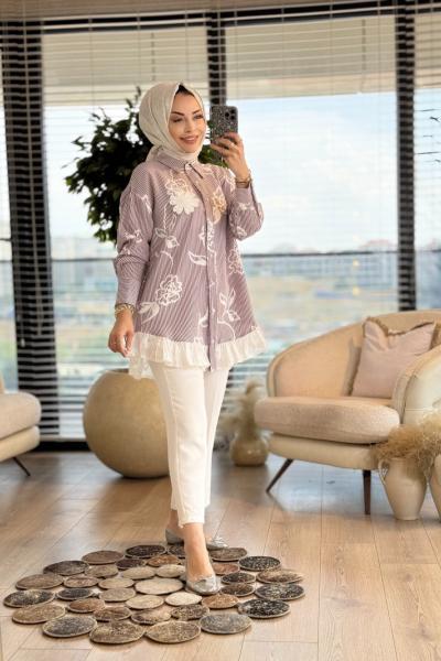 5659 Çizgili Üstü Çiçek Baskılı Gömlek Bordo