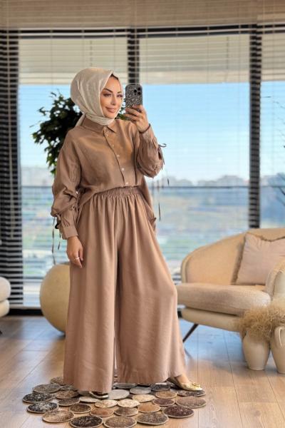 5670  Ön Yırtmaçlı Kol Büzgülü Takım Vizon