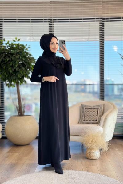 5719 Kolları Trikolu Tencel Elbise Siyah