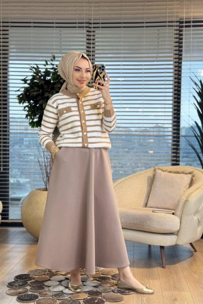 5732 Enine Çizgili Angora Hırka Latte