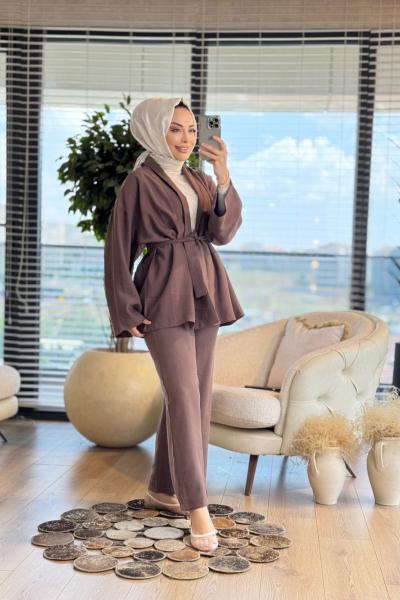 5744 Üst Kimonolu Kuşaklı Takım Kahve