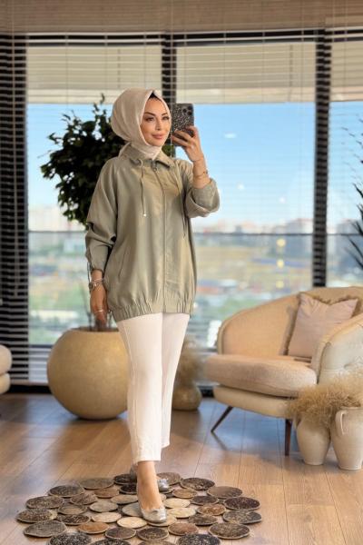5823 Tencel Yaka İpli Fermuarlı Ceket Çağla