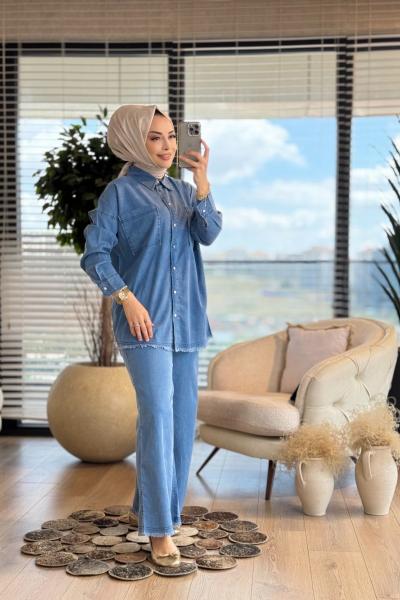 5841 Tencel Etek Ve Paça Ucu Saçaklı Takım Mavi