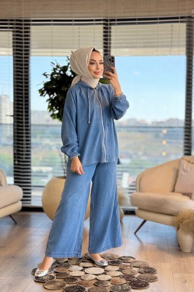 5869 Tencel Fermuarlı Kapşonlu Takım Mavi
