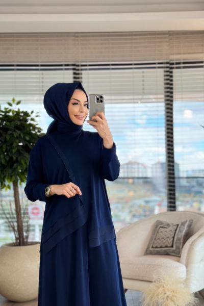 5963 Kat Kat Şifon Detaylı Takım Lacivert