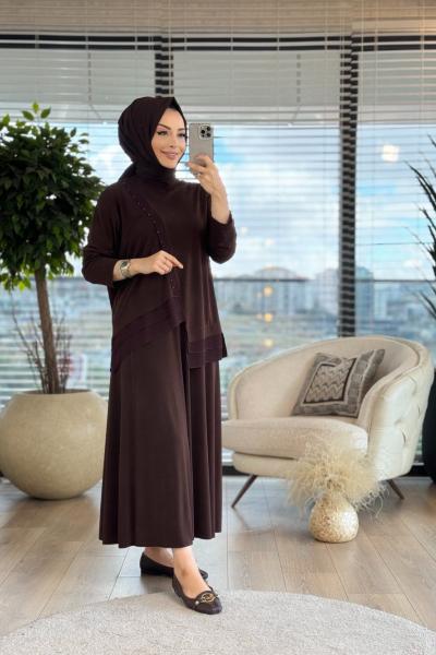 5963 Kat Kat Şifon Detaylı Takım Kahve