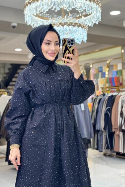 61508 Serpme Taş Baskılı Uzun Gömlek Siyah