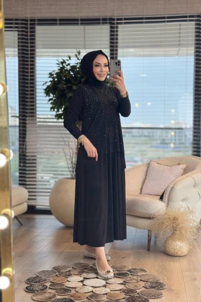 6186 Önü Serpme Taşlı Etekli Takım Siyah