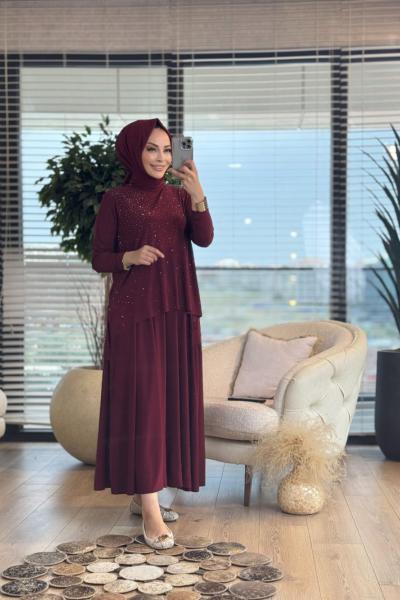 6186 Önü Serpme Taşlı Etekli Takım Bordo