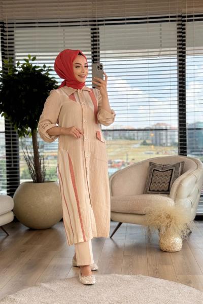 6271 Arkası Boyuna Şeritli Düğmeli Kap Bej