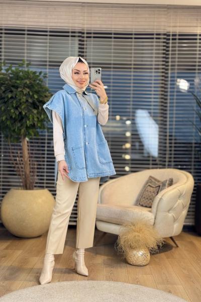 6935 Yanları Şeritli Kot Yelek Mavi