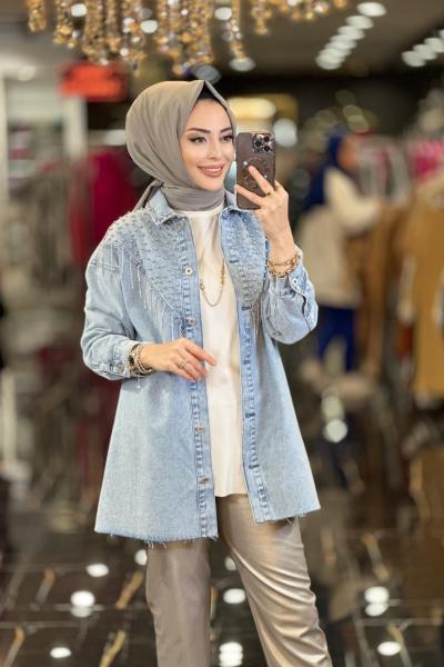 6944 Robası V Zincir Ve Zımba Detaylı Kot Ceket Mavi