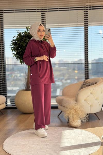 70079 Yandan Düğmeli Kapşonlu Takım Bordo