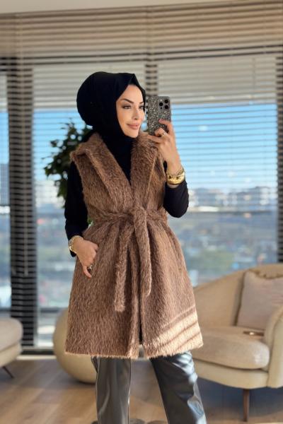 70082 Saçak Yakalı Uzun Yelek Kahve